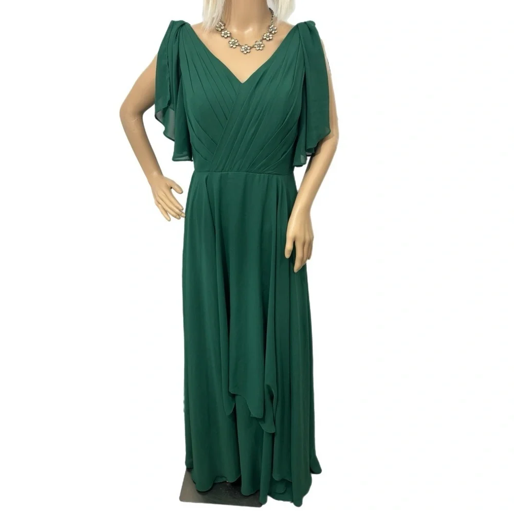 JJs HOUSE Green Goddess Chiffon Gown Split Ruffle Sleeve Dress V Neck Women Sz 6 - Picture 10 of 16